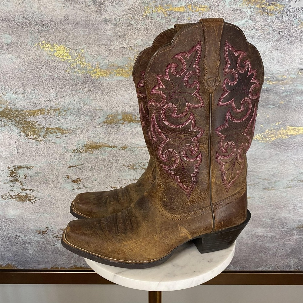 Ariat Western Boots Womens Size 7B Brown Leather Embroidered Square Toe 10014172